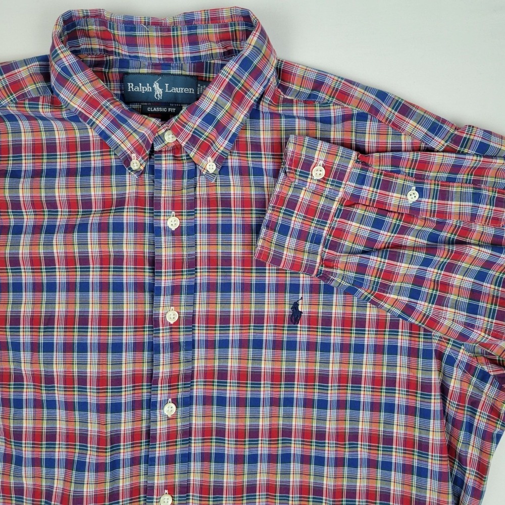Ralph Lauren Classic Fit Red Navy Blue Plaid Long Sleeve Button Down Shirt - XL